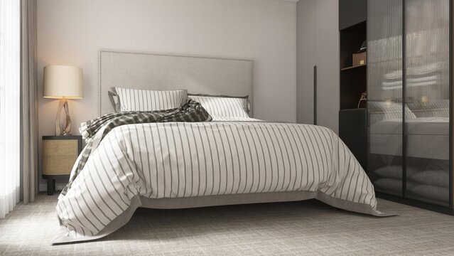 Luxury, modern white bedroom with built in gray wardrobe, bed with headboard, striped blanket, bedside table on carpet floor in sunlight from sheer curtain window. Interior design background 3D