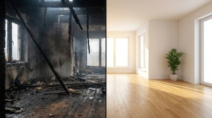 Obraz premium Before and after showing a destroyed interior room after a fire and a bright renovated living room.