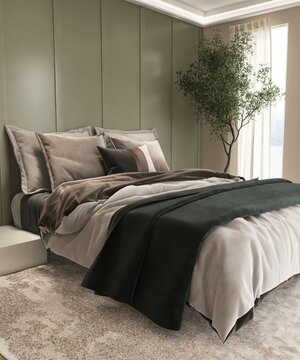 Luxury, modern bedroom with sage green panel accent wall in beige bedroom with bed, bedside table on white rug in sunlight from window. Interior design decoration, architecture, product background 3D
