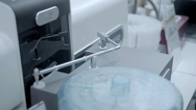 Samples of new atomic absorption spectrometers are presented at the exhibition. Closeup. Shot in motion. Follow focus