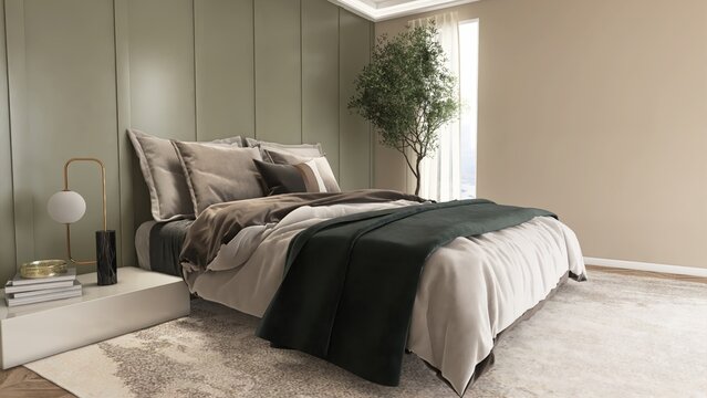 Luxury, modern bedroom with sage green panel accent wall in beige bedroom with bed, bedside table on white rug in sunlight from window. Interior design decoration, architecture, product background 3D