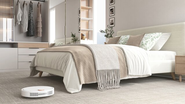 White modern vacuum cleaner robot working, vacuuming, cleaning beige carpet floor in luxury woman&rsquo;s bedroom with bed and wardrobe. Housework, smart home lifestyle, technology background 3D