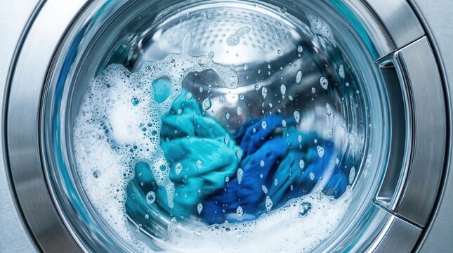 Close up view of clothes inside a washing machine during a powerful wash cycle.