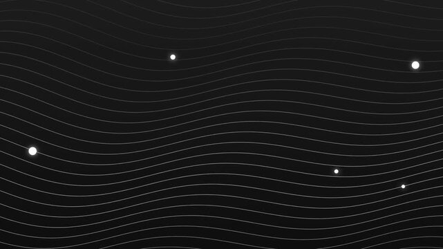 Abstract Motion Background with Glowing White Particle Orbs Floating Over Dark Wavy Linear Waves