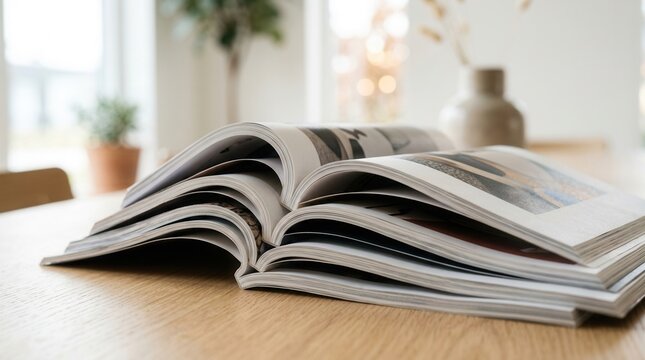 Stack of newspaper media and magazine publications on a wooden surface.