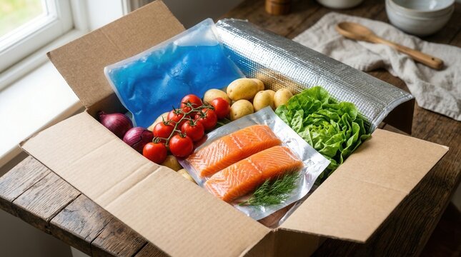 Fresh vegetables and ingredients inside an opened meal kit box with an insulated liner and ice pack.
