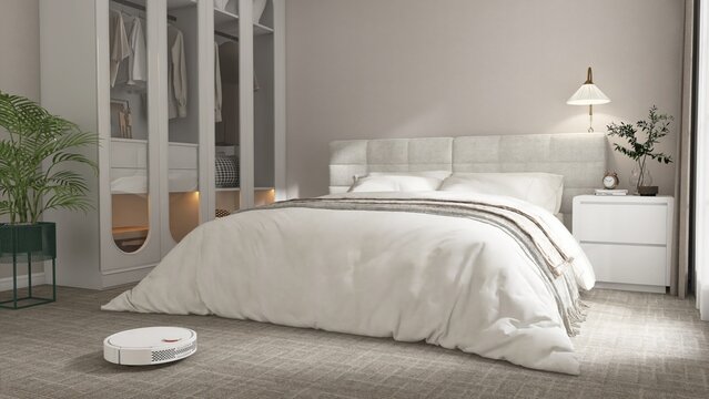 White modern vacuum cleaner robot working, vacuuming, cleaning beige carpet floor in luxury, modern white bedroom with bed and wardrobe. Housework, smart home lifestyle, technology background 3D