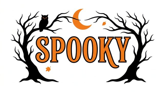Spooky typography between two dark trees with a perched owl and moon