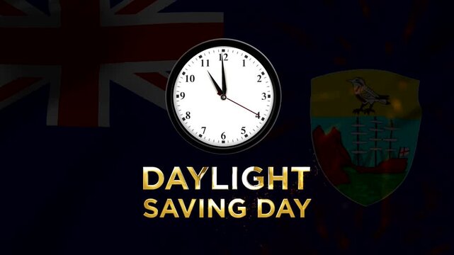 Daylight saving day concept featuring an analog clock face on a Saint Helena national flag background