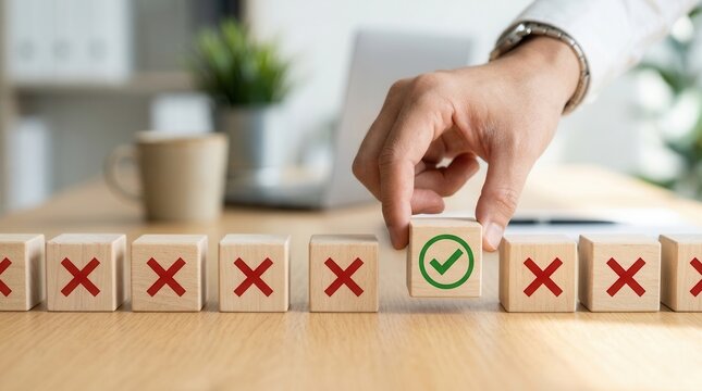 Hand placing a wooden block with a green tick mark among multiple wooden blocks with red cross symbols.