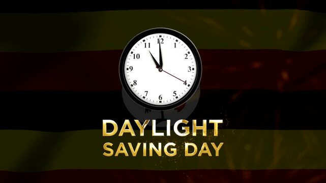 Daylight saving day concept featuring an analog clock face on a shimmering golden background with light particles