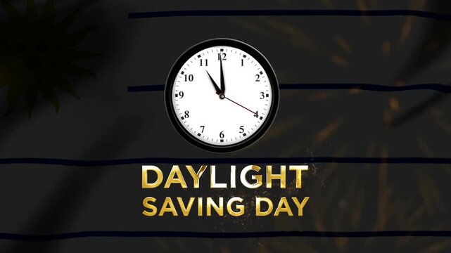 Daylight saving day concept featuring an analog clock over a stylized flag background with golden sparkles