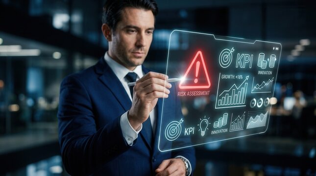 Professional using evaluation tools for financial business forecasting and risk assessment strategy.