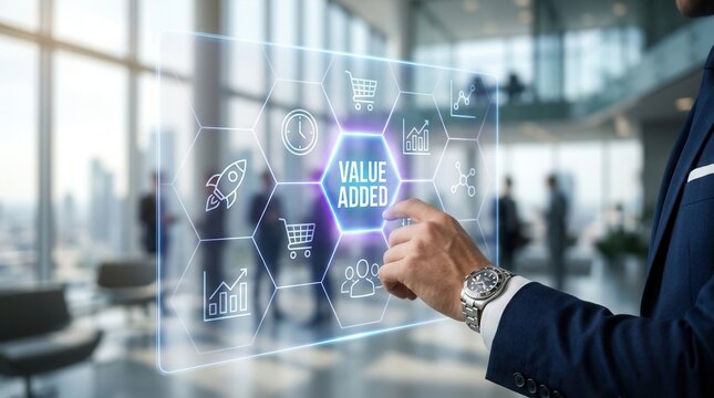 Business professional interacting with a digital interface representing fast delivery and excellent advice.