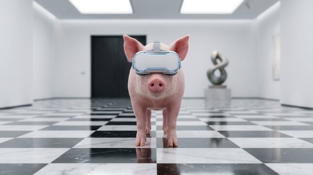 Virtual reality headset on a pig standing in a modern art gallery with a checkered floor.