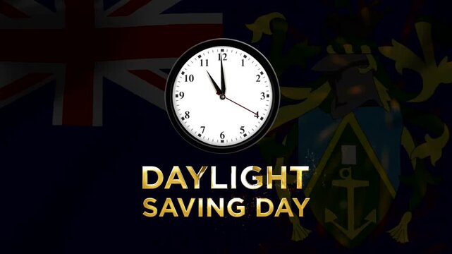 Daylight saving day concept featuring an analog clock over the Pitcairn Islands flag background