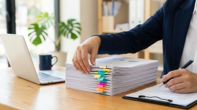 Administrative workload management showing a person handling paperwork and office documentation.