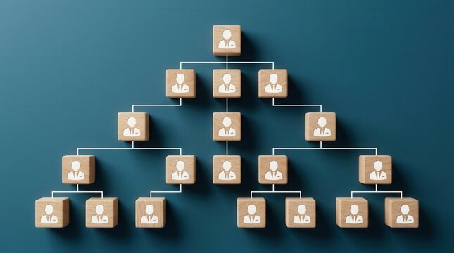 Human resources management concept featuring a business organizational chart with wooden blocks.