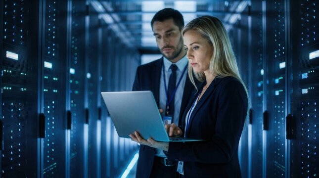 Two technicians working together in a modern high tech facility with blue ambient lighting.