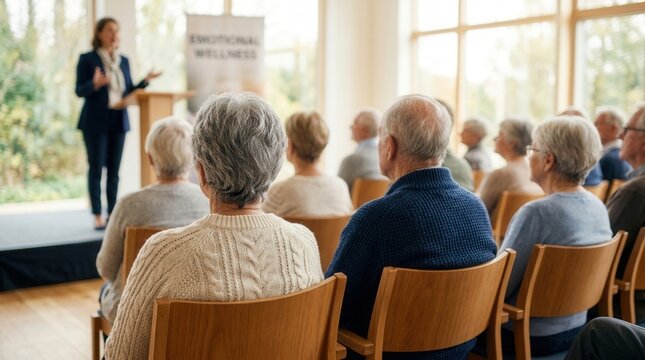 A group of elderly people attending an emotional wellness seminar led by a professional speaker.