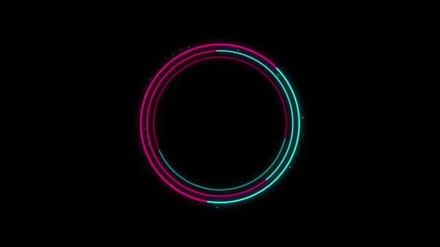 Bright neon circular line frame glowing on a dark black background