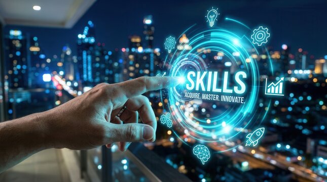A person interacting with a futuristic digital interface for skills development and AI technology.