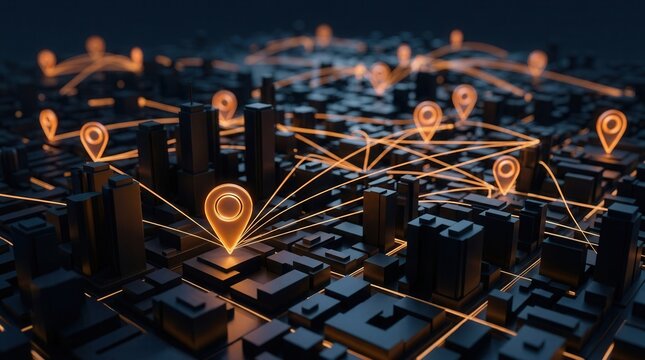 Urban geofencing concept featuring a 3D miniature city and glowing location markers for security and marketing.
