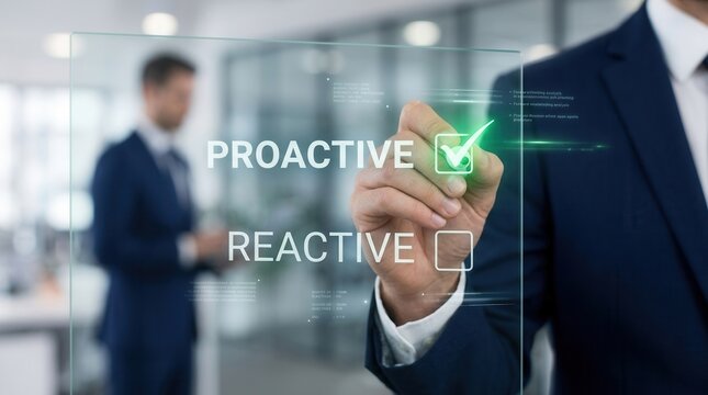 Business concept of proactive versus reactive strategy with a person selecting the proactive option.