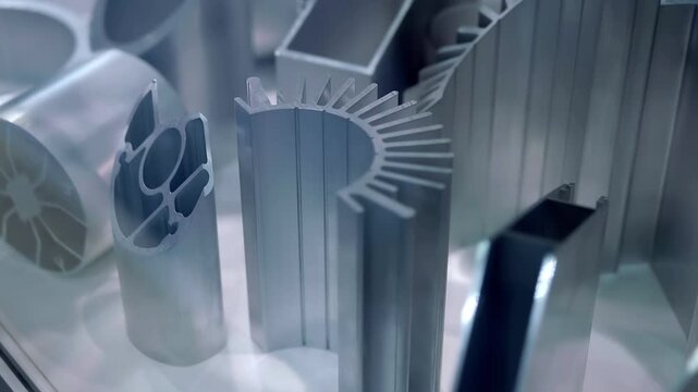 Samples of new aluminum industrial profiles of varying shapes and design complexity are presented at the exhibition. Closeup. Shot in motion