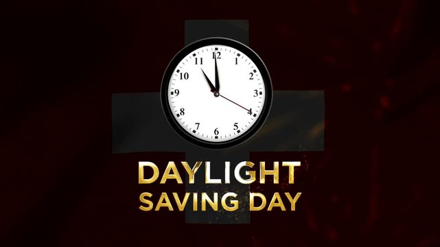 Daylight saving day concept featuring an analog wall clock and golden text typography