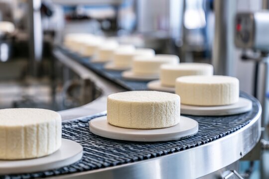Cheese wheels moving on factory production line