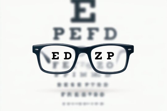 Black eyeglasses revealing a clear eye chart vision test isolated on white background.