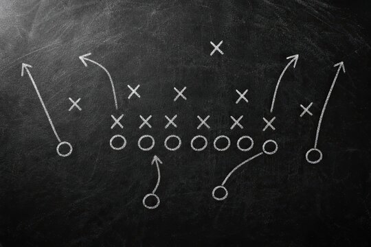 Football coach tactical play strategy drawn with chalk on black blackboard featuring circles and crosses representing player positions and movement routes game plan.