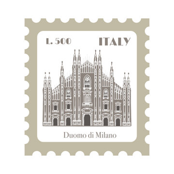 Italy stamp vector postmark retro design Milan travel icon Duomo di Milano. Gothic cathedral architecture vintage aesthetic. Tourism marketing banner cruise poster wanderlust blog.