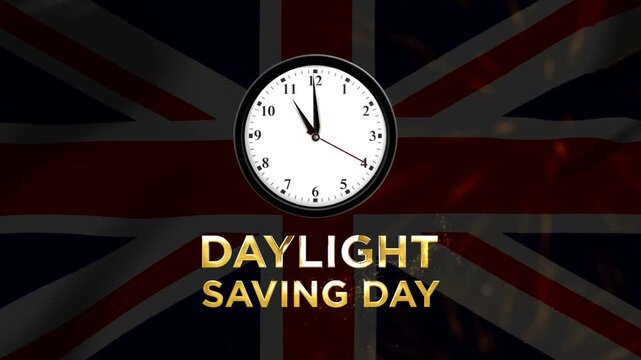 Daylight saving day concept featuring an analog wall clock over a British flag background