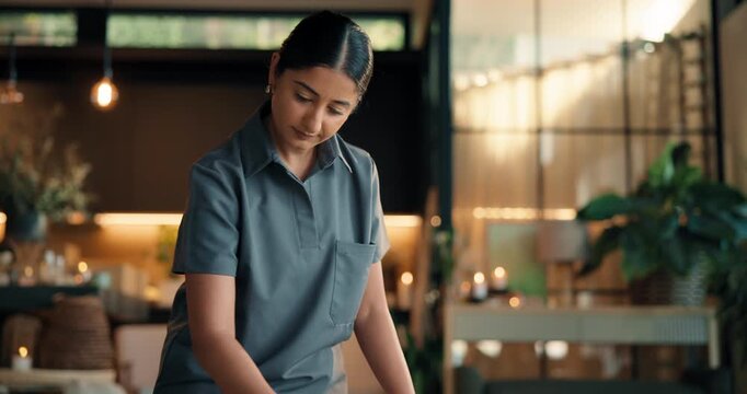 Portrait, woman and smile at spa with towel, massage preparation and cleanliness for hospitality. Masseuse, organizing and housekeeping at resort with fresh linen, arrangement and luxury treatment