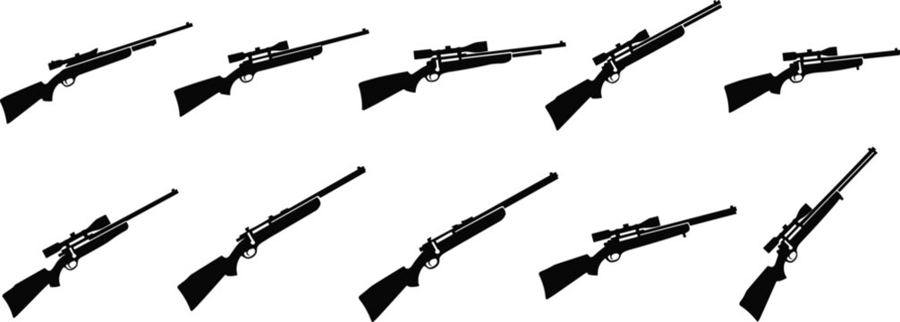 Black hunting rifle silhouettes set includes sniper rifles with scopes and bolt action long guns designed for outdoor sport shooting and wildlife game hunting.