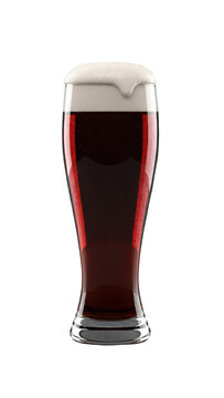 Dark beer glass with thick white foam head, tall pilsner glass filled with brown ale or stout, isolated craft beer on white background