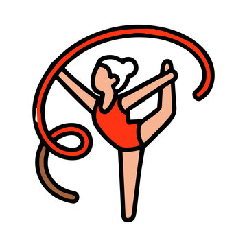 Rhythmic gymnast performing with a red ribbon in a dynamic pose