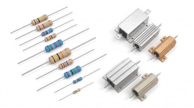 Assortment of electronic resistors including axial color-coded resistors and aluminum housed power resistors on white.