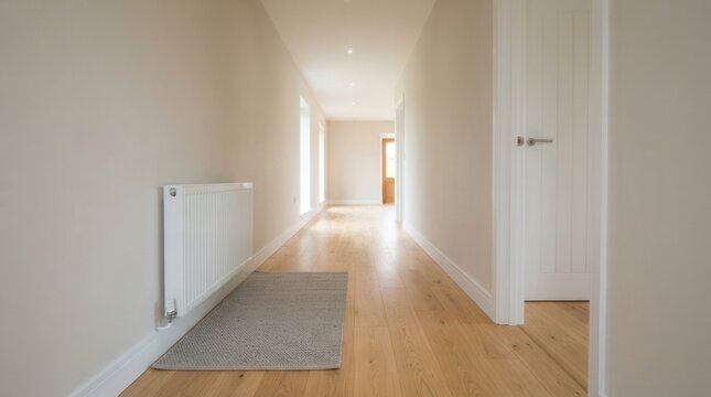 Clean, Well-Maintained Hallway Featuring Light-Colored Wooden Flooring, Radiator, Water damage restoration and hardwood flooring repair assessment