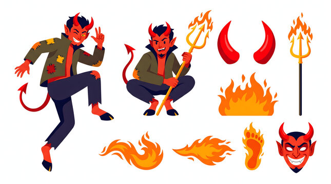 Mischievous red devil characters with flaming trident and hell elements for halloween design