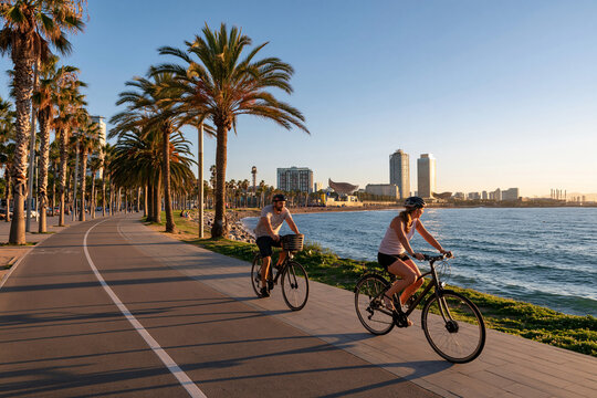 Cycling along Barcelona waterfront in morning
