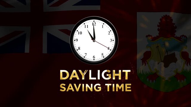 Daylight saving time clock concept with the flag of Bermuda background
