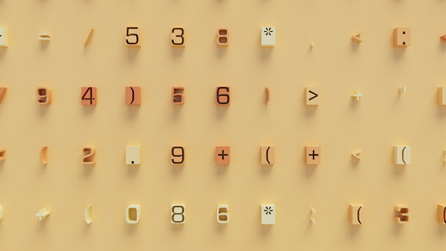 Colorful 3D Geometric Shapes Including Numbers and Symbols Arranged in a Grid on Bright Yellow Background for Modern Design and Educational Resources