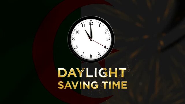 Daylight saving time concept featuring a classic clock and golden lettering overlaying a faint national flag symbol