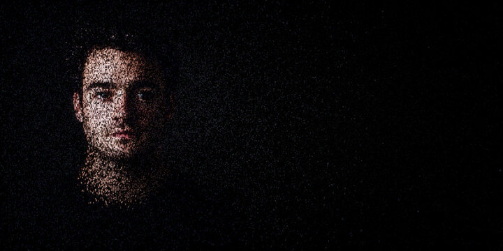 Digital ID Portrait of Man with Face made up of Computer code. E-signature Concept with copy-space.