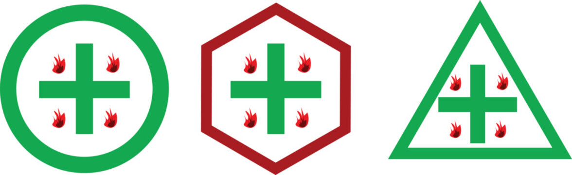 Fire safety medical cross symbols with flames in circle hexagon and triangle warning shapes emergency protection vector icon collection design