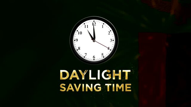 Daylight saving time concept featuring a wall clock over a golden glowing background with text