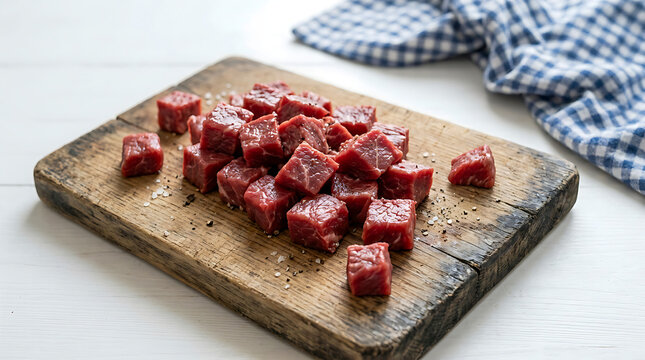 Fresh raw meat diced on a wooden cutting board.